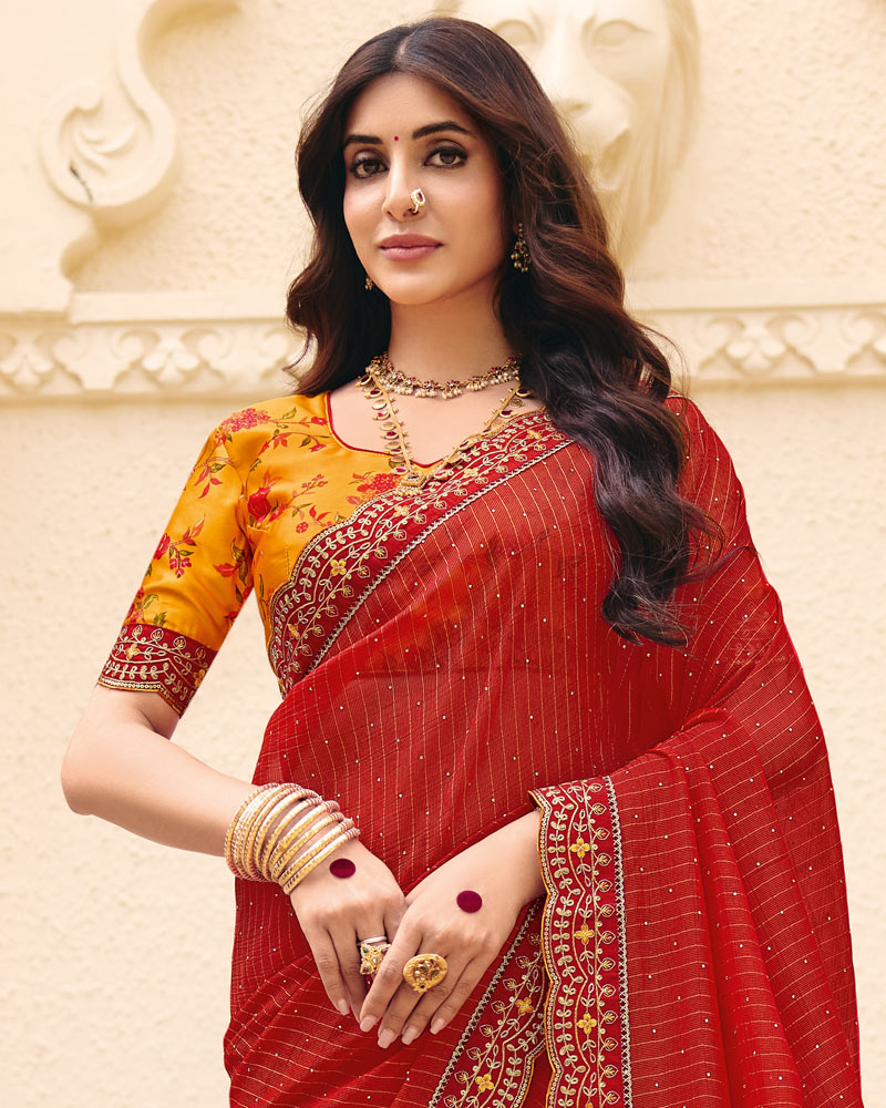 Vishal Prints Sindoori Red Designer Patterned Chiffon Saree With Diamond Work And Fancy Embroidery Border