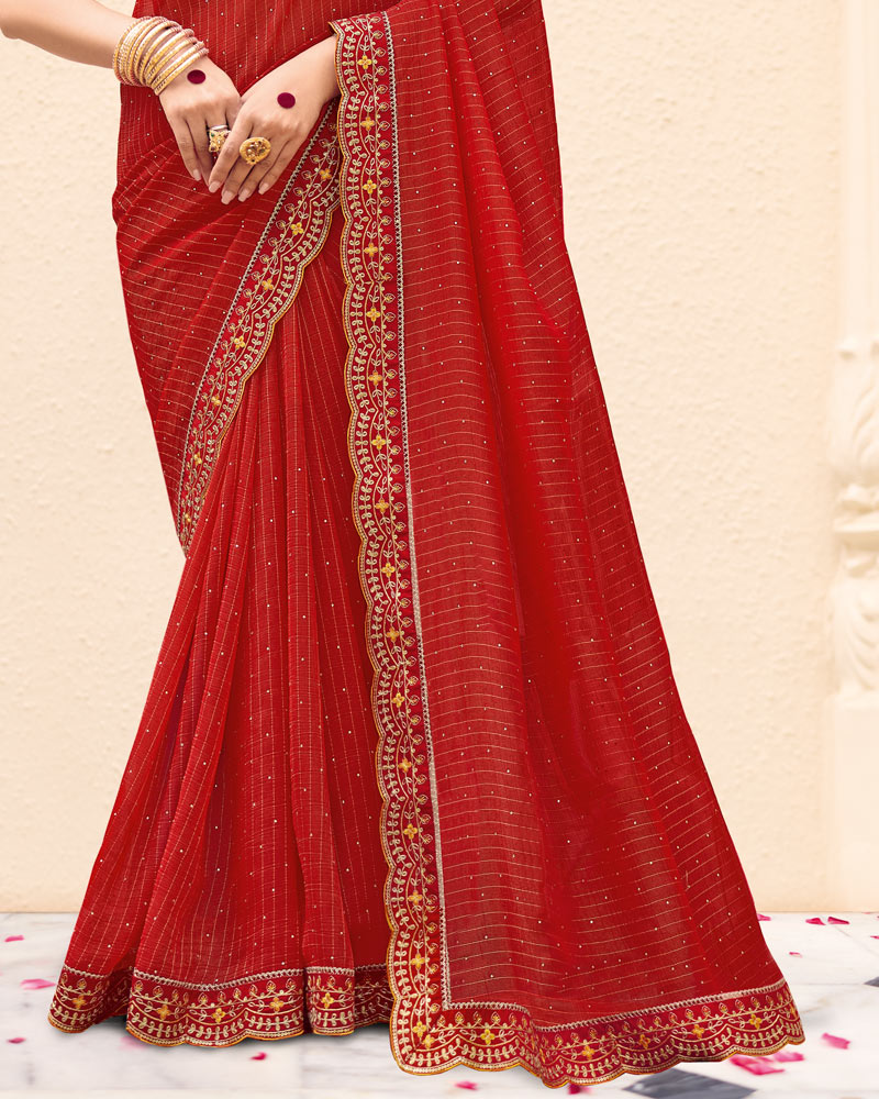 Vishal Prints Sindoori Red Designer Patterned Chiffon Saree With Diamond Work And Fancy Embroidery Border