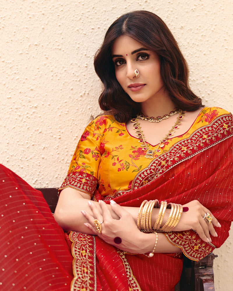 Vishal Prints Sindoori Red Designer Patterned Chiffon Saree With Diamond Work And Fancy Embroidery Border