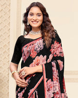 Vishal Prints Black And Faded Pink Digital Print Patterned Georgette Saree With Fancy Border
