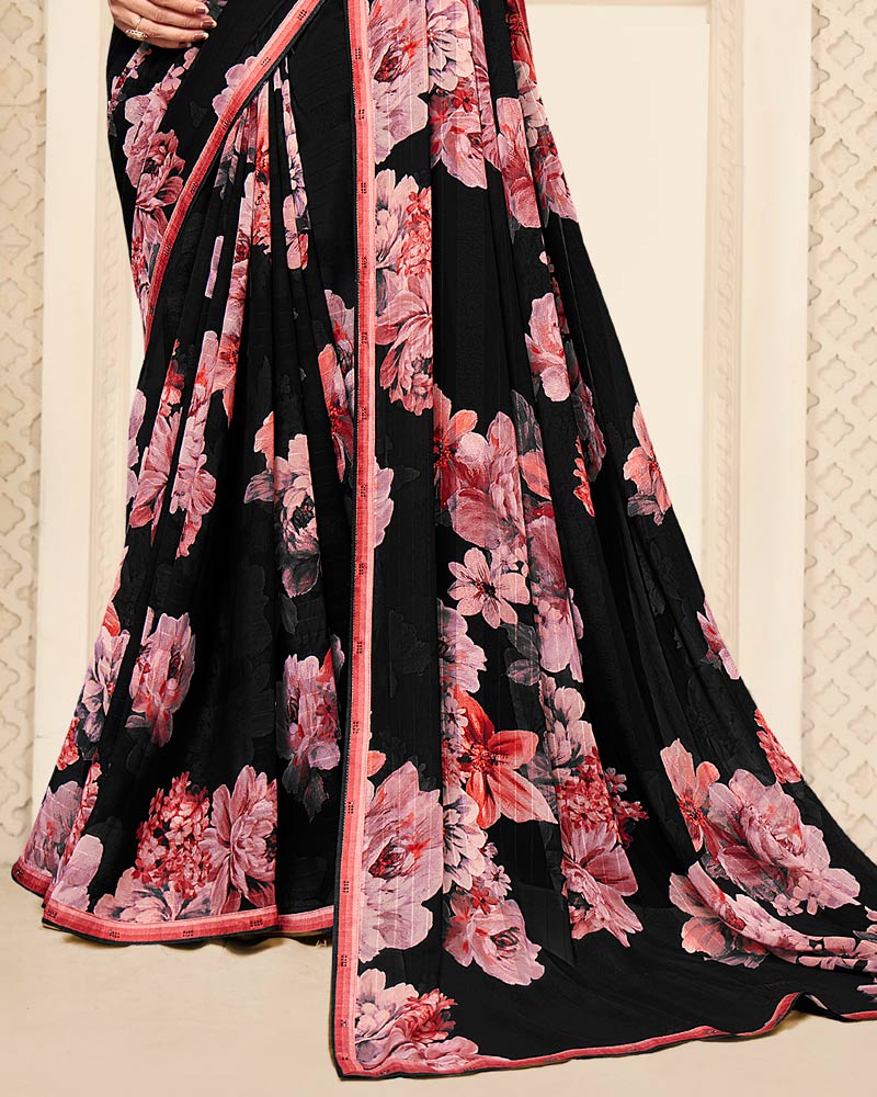 Vishal Prints Black And Faded Pink Digital Print Patterned Georgette Saree With Fancy Border
