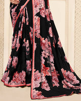Vishal Prints Black And Faded Pink Digital Print Patterned Georgette Saree With Fancy Border