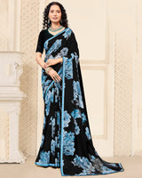 Vishal Prints Black And Sky-Blue Digital Print Patterned Georgette Saree With Fancy Border