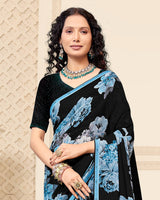 Vishal Prints Black And Sky-Blue Digital Print Patterned Georgette Saree With Fancy Border