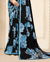 Vishal Prints Black And Sky-Blue Digital Print Patterned Georgette Saree With Fancy Border