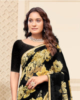 Vishal Prints Black And Ginger Brown Digital Print Patterned Georgette Saree With Fancy Border