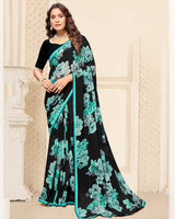 Vishal Prints Black And Mint Green Digital Print Patterned Georgette Saree With Fancy Border