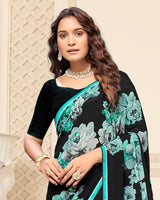 Vishal Prints Black And Mint Green Digital Print Patterned Georgette Saree With Fancy Border
