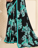 Vishal Prints Black And Mint Green Digital Print Patterned Georgette Saree With Fancy Border