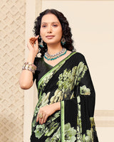 Vishal Prints Black And Moss Green Digital Print Patterned Georgette Saree With Fancy Border
