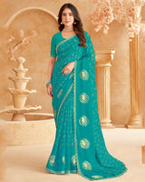 Vishal Prints Persian Green Printed Patterned Chiffon Saree With Foil Print And Cut Work Border