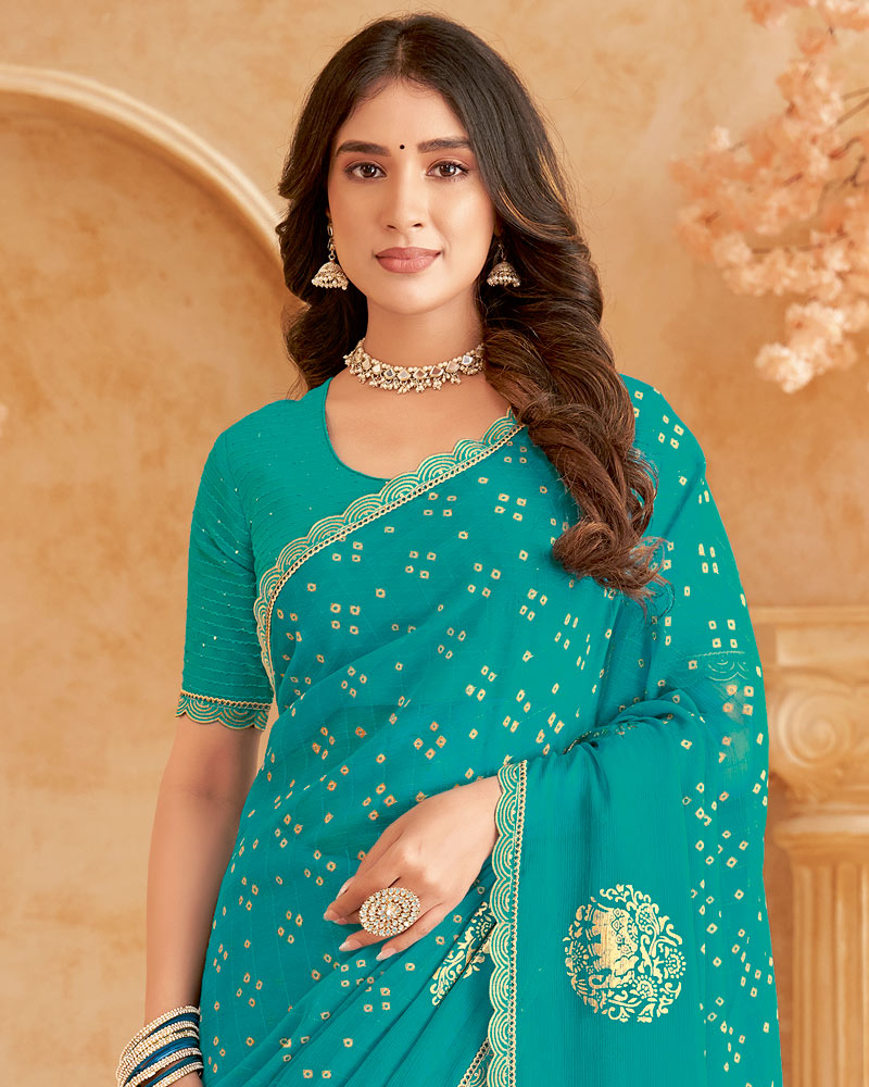 Vishal Prints Persian Green Printed Patterned Chiffon Saree With Foil Print And Cut Work Border