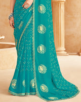 Vishal Prints Persian Green Printed Patterned Chiffon Saree With Foil Print And Cut Work Border