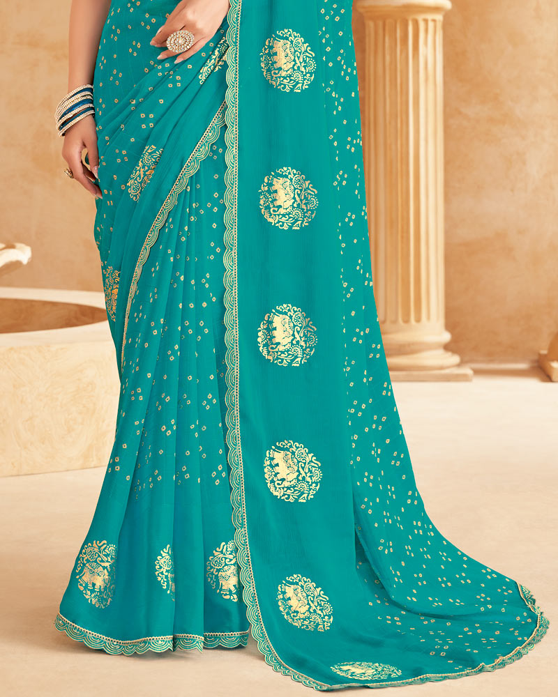 Vishal Prints Persian Green Printed Patterned Chiffon Saree With Foil Print And Cut Work Border