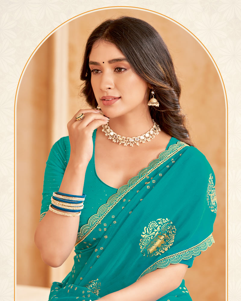 Vishal Prints Persian Green Printed Patterned Chiffon Saree With Foil Print And Cut Work Border