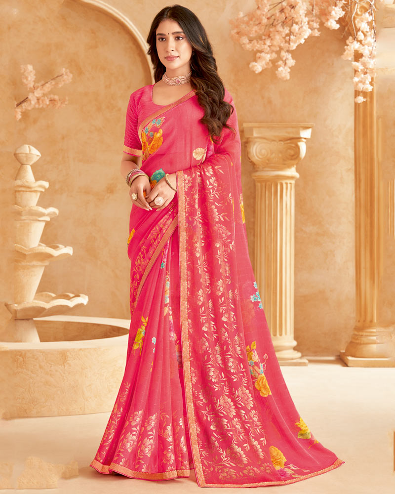 Vishal Prints Watermelon Pink Printed Patterned Chiffon Saree With Foil Print And Zari Border