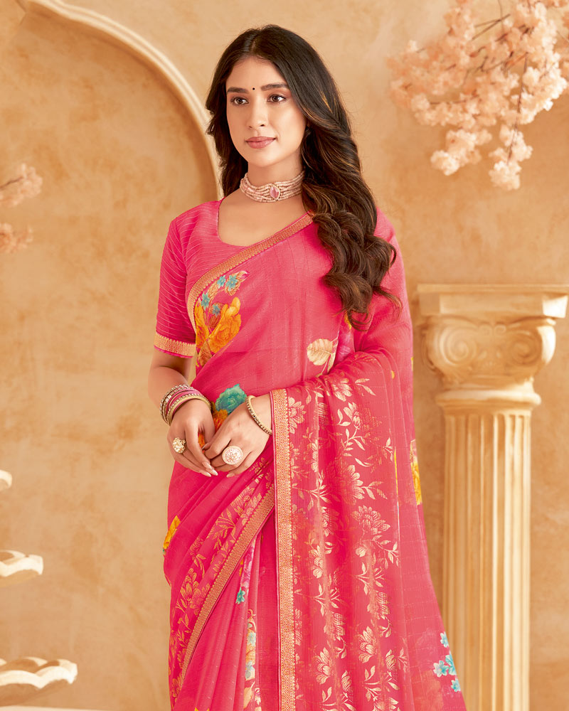 Vishal Prints Watermelon Pink Printed Patterned Chiffon Saree With Foil Print And Zari Border