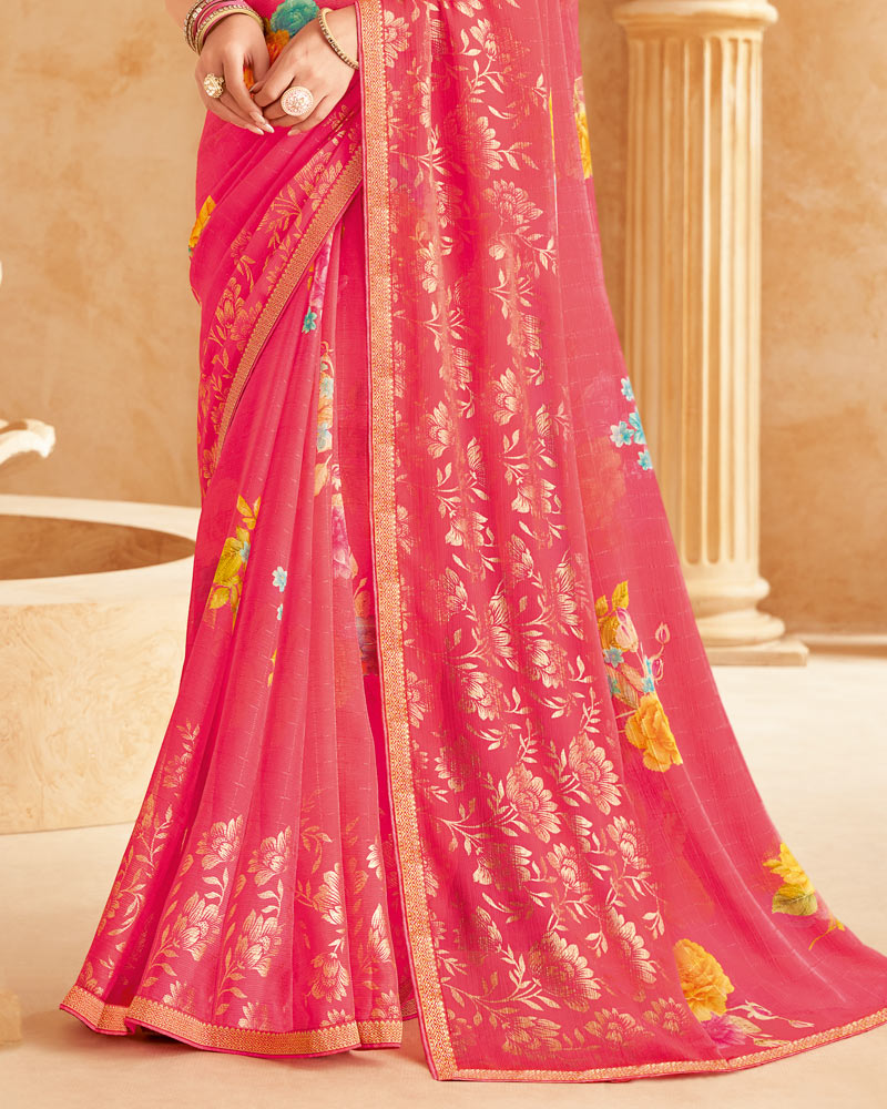 Vishal Prints Watermelon Pink Printed Patterned Chiffon Saree With Foil Print And Zari Border