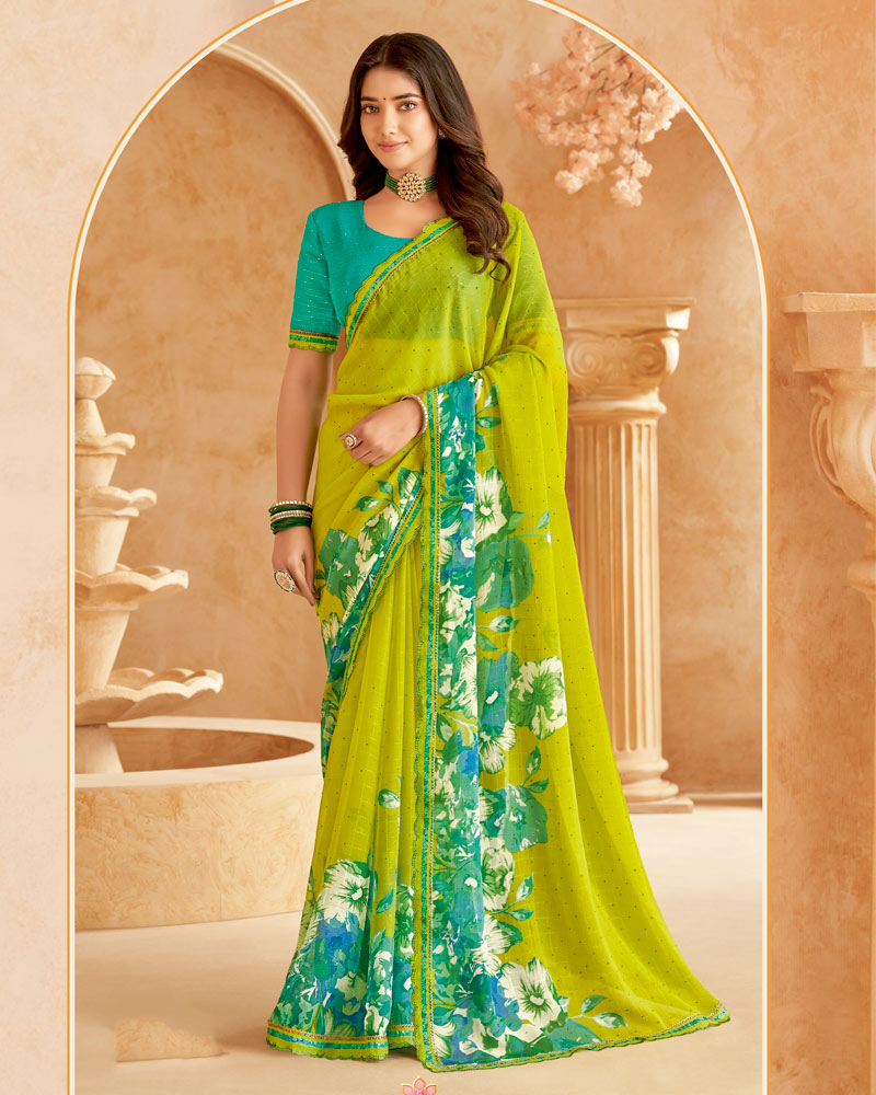 Vishal Prints Olive Yellow Printed Patterned Chiffon Saree With Diamond Work And Cut Work Border