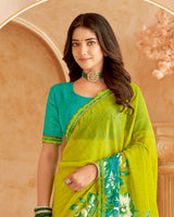 Vishal Prints Olive Yellow Printed Patterned Chiffon Saree With Diamond Work And Cut Work Border