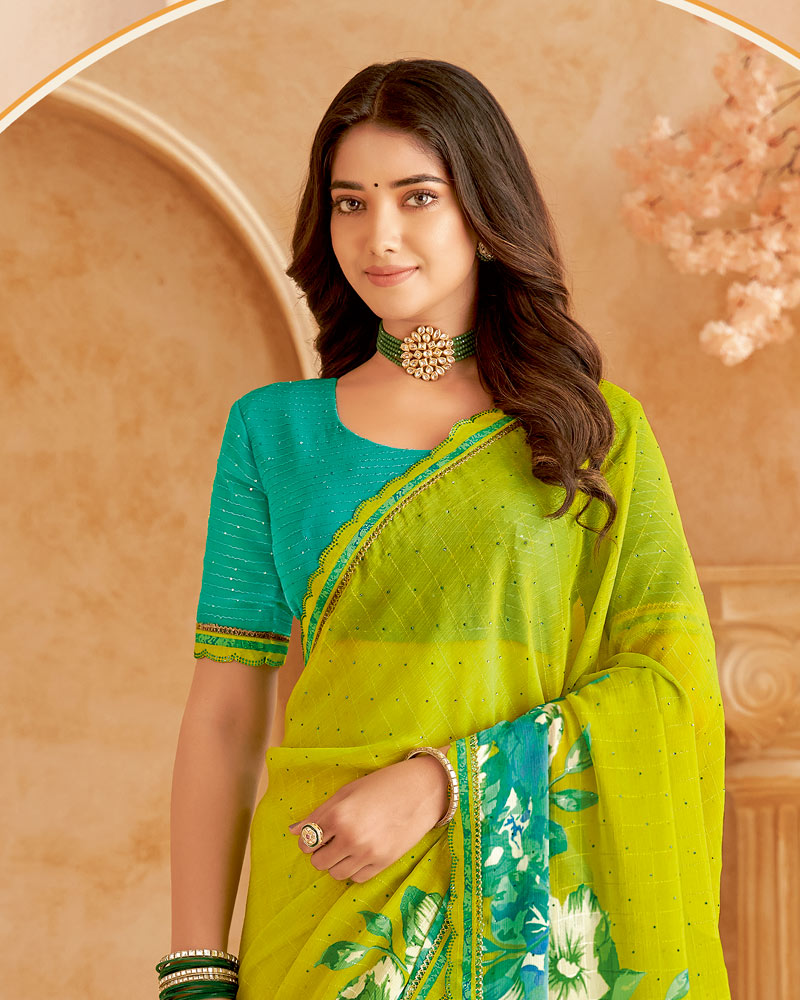Vishal Prints Olive Yellow Printed Patterned Chiffon Saree With Diamond Work And Cut Work Border