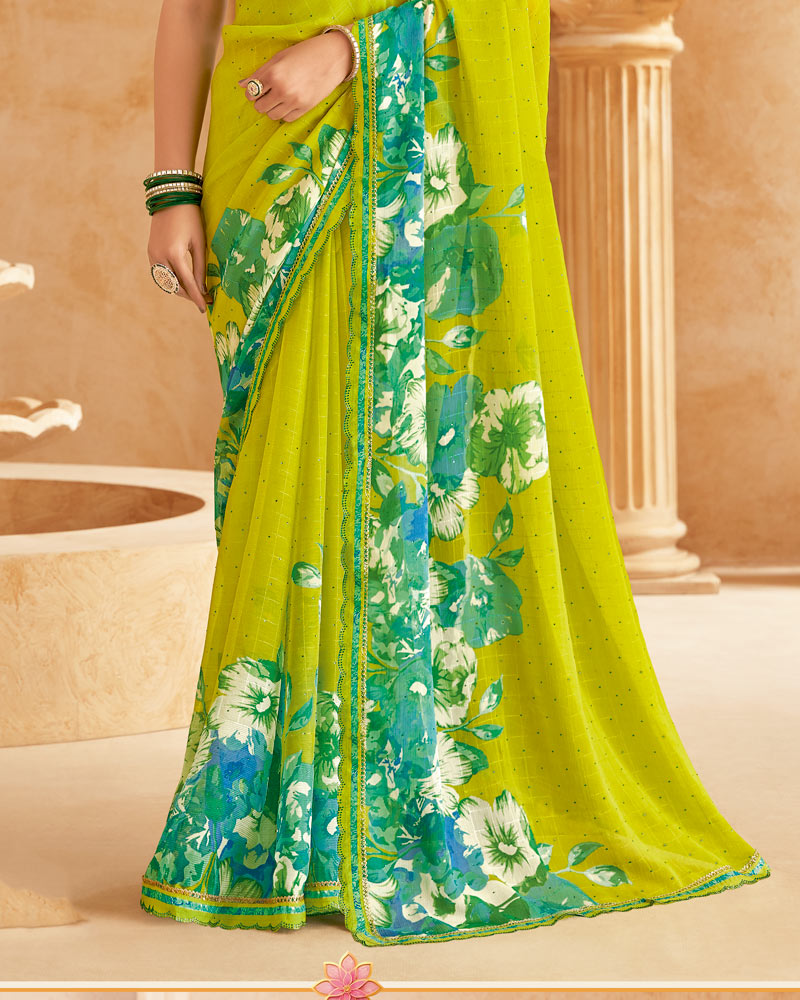 Vishal Prints Olive Yellow Printed Patterned Chiffon Saree With Diamond Work And Cut Work Border