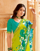 Vishal Prints Olive Yellow Printed Patterned Chiffon Saree With Diamond Work And Cut Work Border