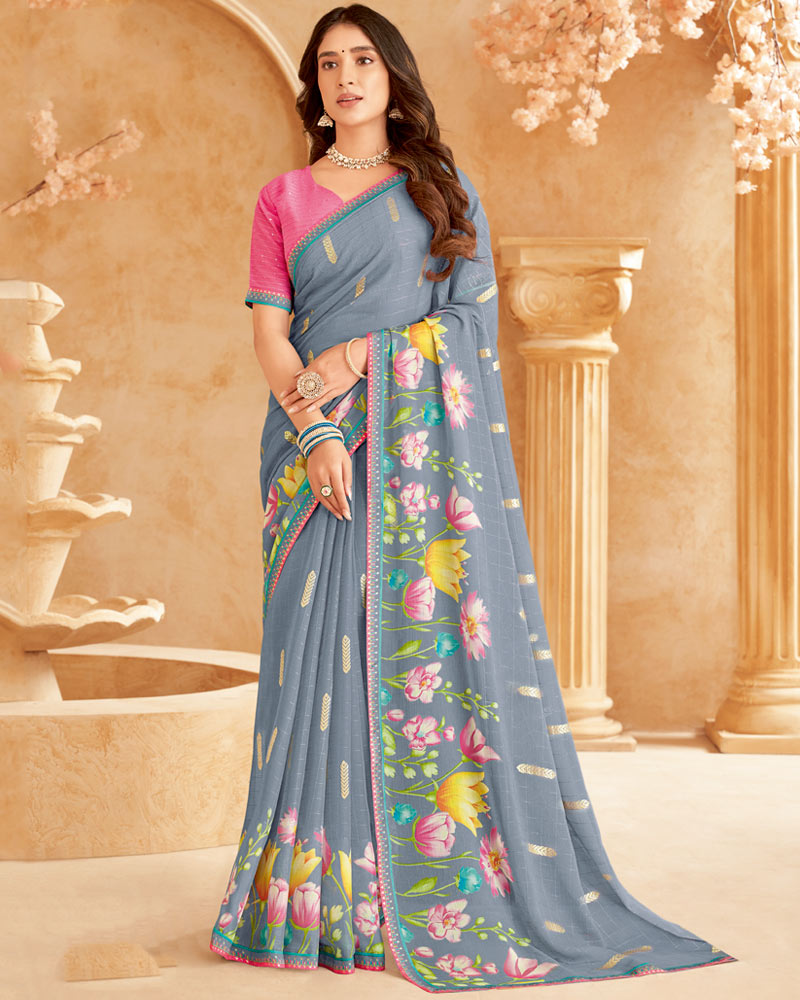 Vishal Prints Cool Grey Printed Patterned Chiffon Saree With Foil Print And Fancy Border