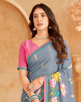 Vishal Prints Cool Grey Printed Patterned Chiffon Saree With Foil Print And Fancy Border