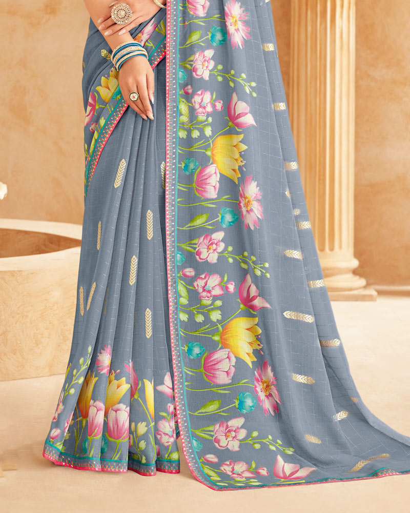 Vishal Prints Cool Grey Printed Patterned Chiffon Saree With Foil Print And Fancy Border