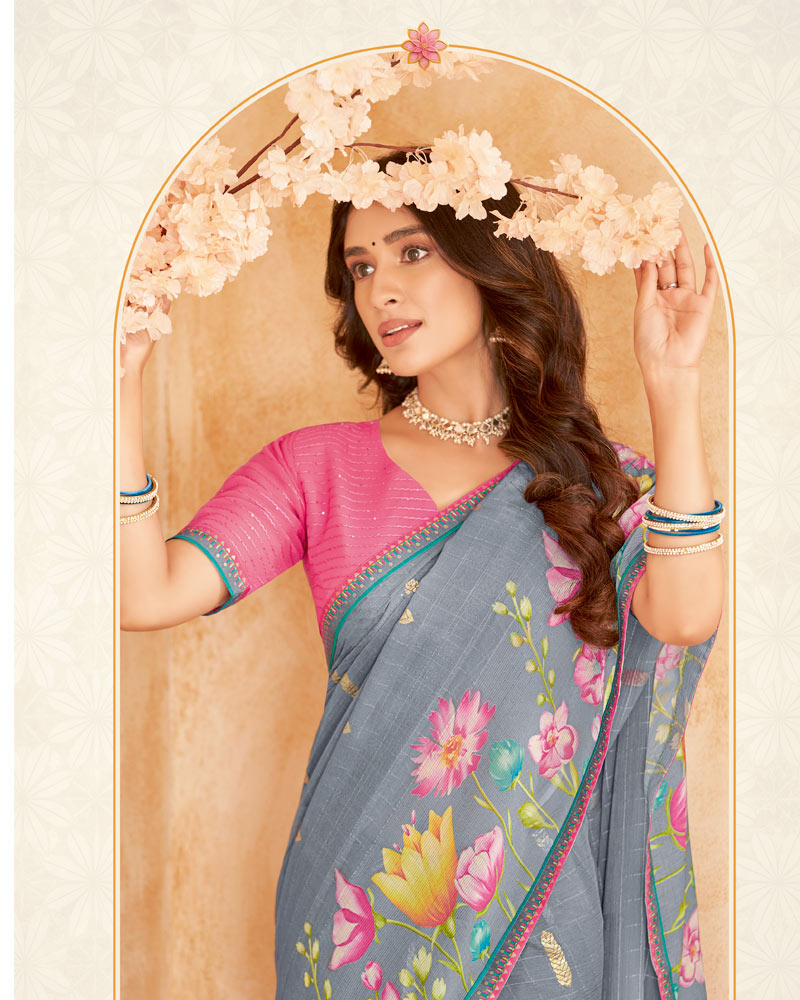 Vishal Prints Cool Grey Printed Patterned Chiffon Saree With Foil Print And Fancy Border