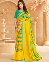 Vishal Prints Bright Yellow Printed Patterned Chiffon Saree With Diamond Work And Fancy Border