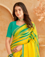 Vishal Prints Bright Yellow Printed Patterned Chiffon Saree With Diamond Work And Fancy Border