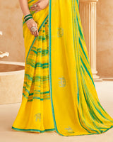 Vishal Prints Bright Yellow Printed Patterned Chiffon Saree With Diamond Work And Fancy Border