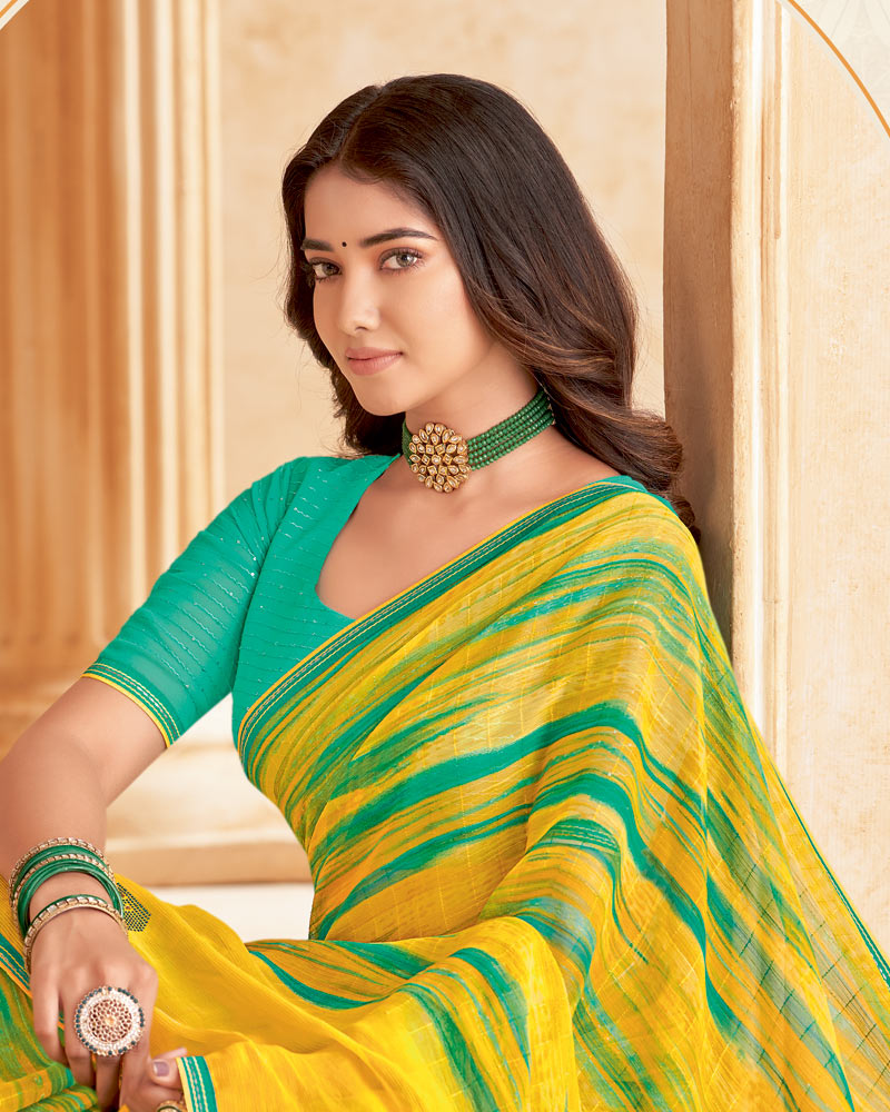 Vishal Prints Bright Yellow Printed Patterned Chiffon Saree With Diamond Work And Fancy Border