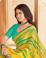 Vishal Prints Bright Yellow Printed Patterned Chiffon Saree With Diamond Work And Fancy Border