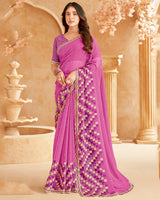 Vishal Prints Light Fuchsia Printed Patterned Chiffon Saree With Diamond Work And Cut Work Border