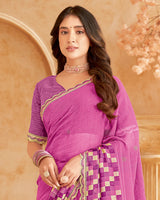 Vishal Prints Light Fuchsia Printed Patterned Chiffon Saree With Diamond Work And Cut Work Border