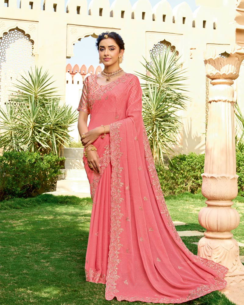 Vishal Prints Light Coral Pink Designer Fancy Chiffon Resham-Embroidery-Diamond-Work Saree With Cut Work Border