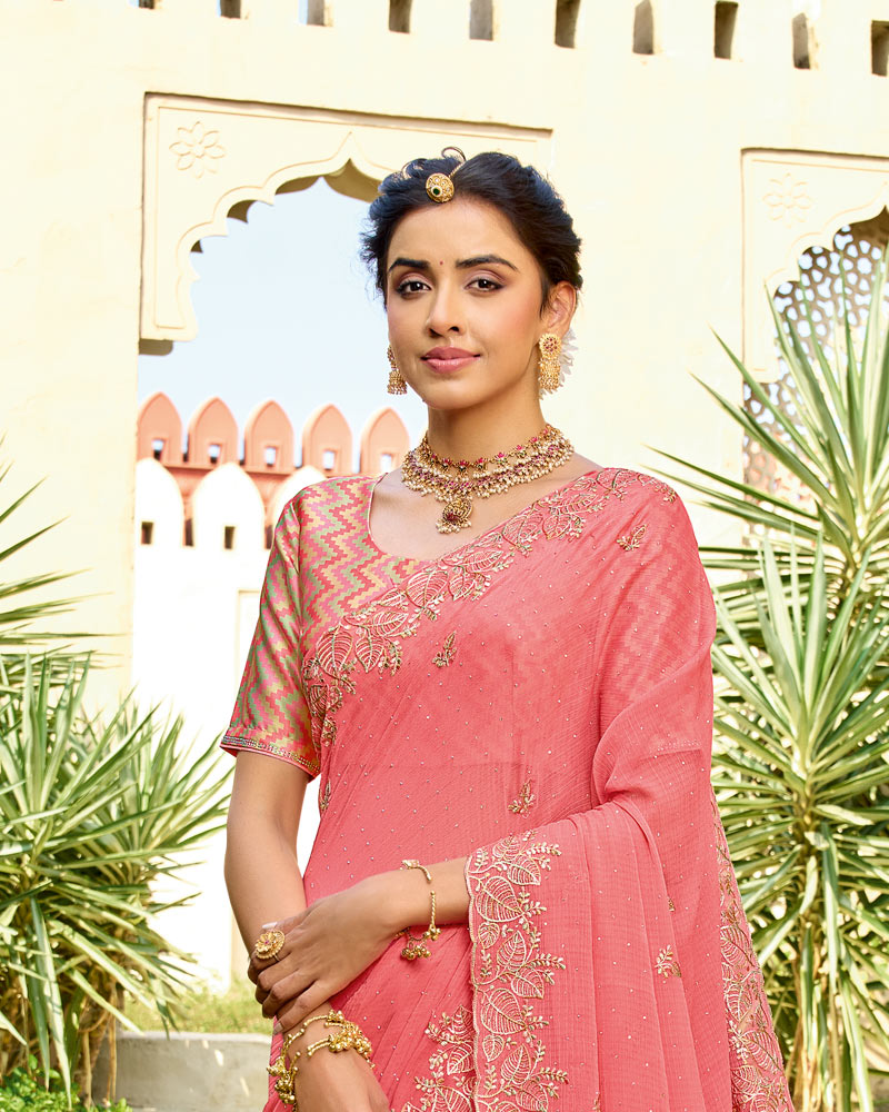 Vishal Prints Light Coral Pink Designer Fancy Chiffon Resham-Embroidery-Diamond-Work Saree With Cut Work Border