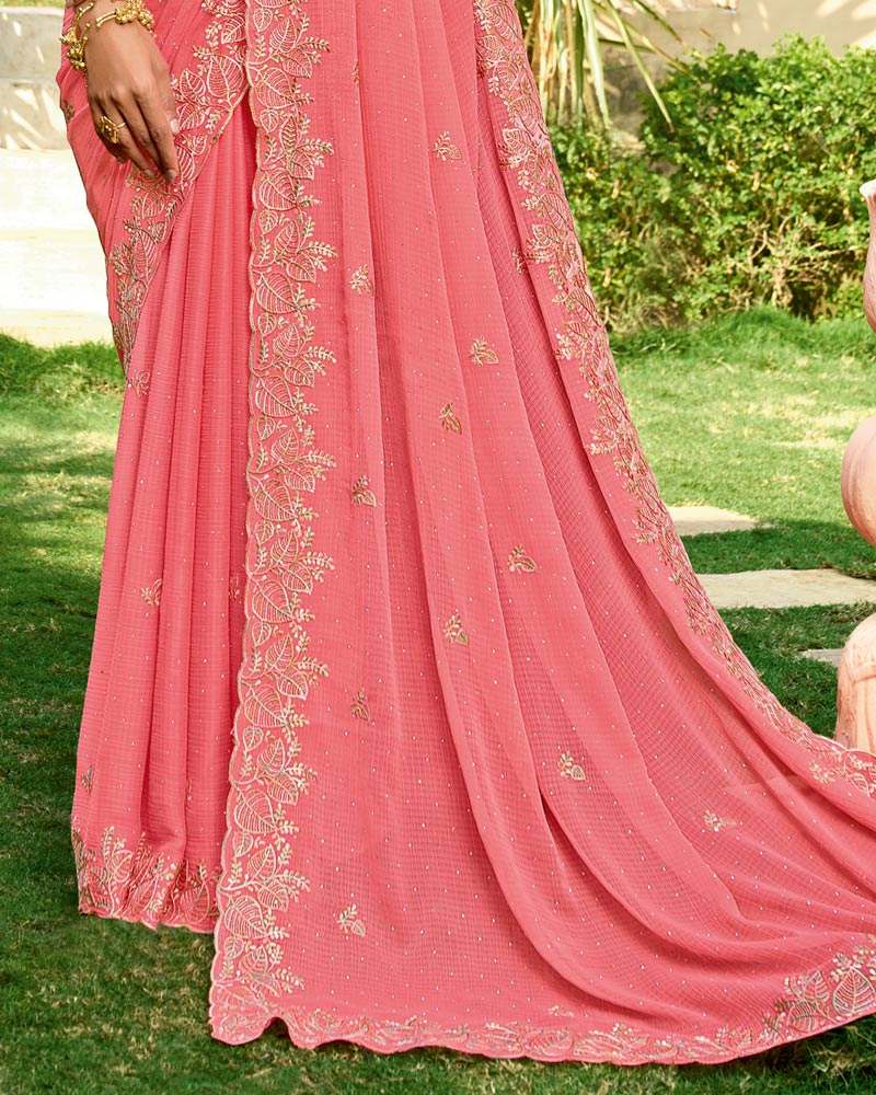 Vishal Prints Light Coral Pink Designer Fancy Chiffon Resham-Embroidery-Diamond-Work Saree With Cut Work Border