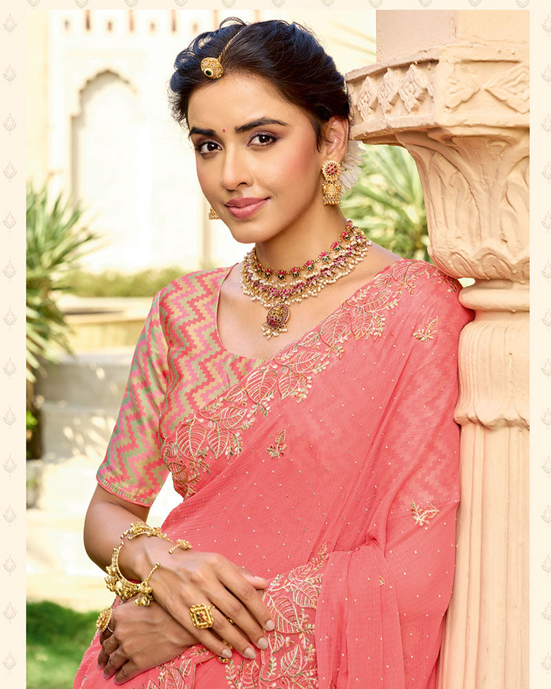 Vishal Prints Light Coral Pink Designer Fancy Chiffon Resham-Embroidery-Diamond-Work Saree With Cut Work Border