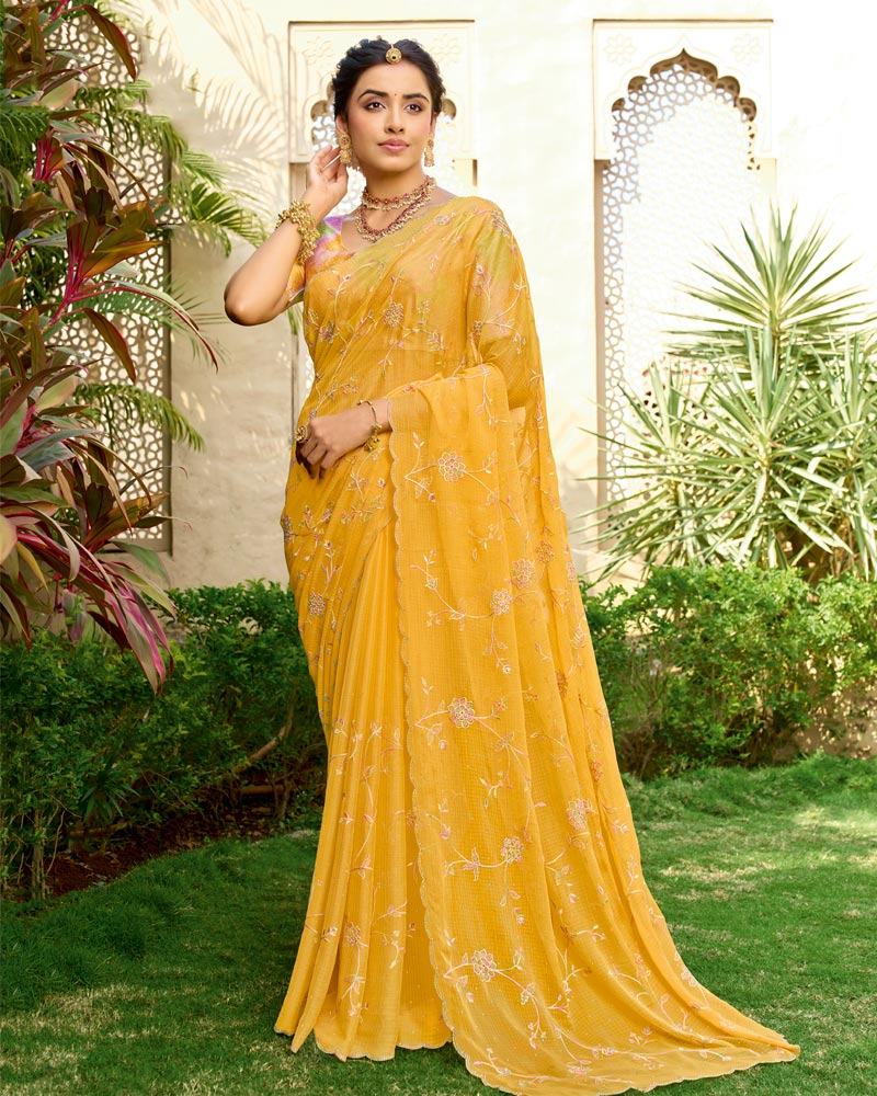 Vishal Prints Turmeric Yellow Designer Fancy Chiffon Resham-Embroidery-Diamond-Work Saree With Cut Work Border