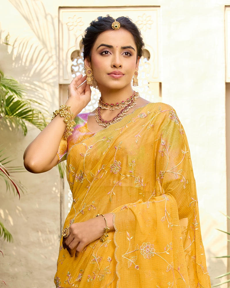 Vishal Prints Turmeric Yellow Designer Fancy Chiffon Resham-Embroidery-Diamond-Work Saree With Cut Work Border
