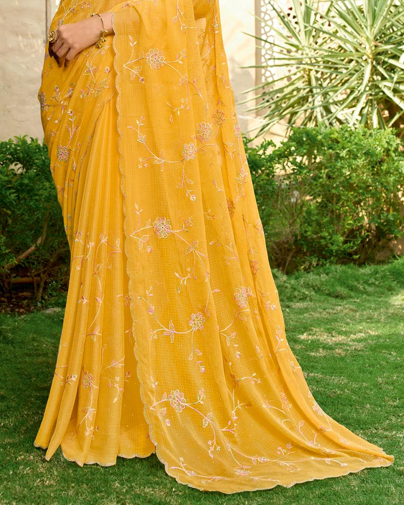 Vishal Prints Turmeric Yellow Designer Fancy Chiffon Resham-Embroidery-Diamond-Work Saree With Cut Work Border