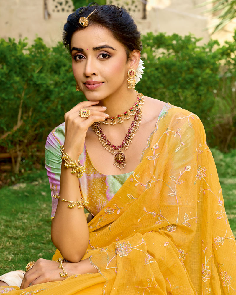Vishal Prints Turmeric Yellow Designer Fancy Chiffon Resham-Embroidery-Diamond-Work Saree With Cut Work Border