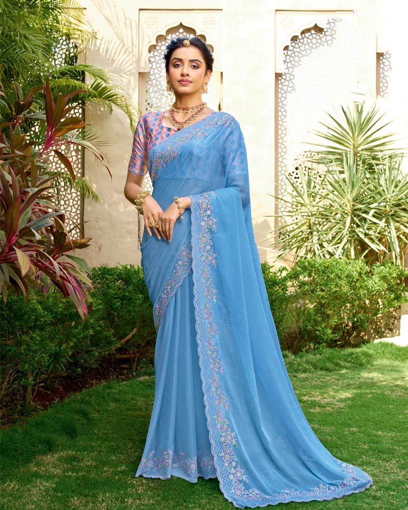 Vishal Prints Glacier Blue Designer Fancy Chiffon Resham-Embroidery-Diamond-Work Saree With Cut Work Border