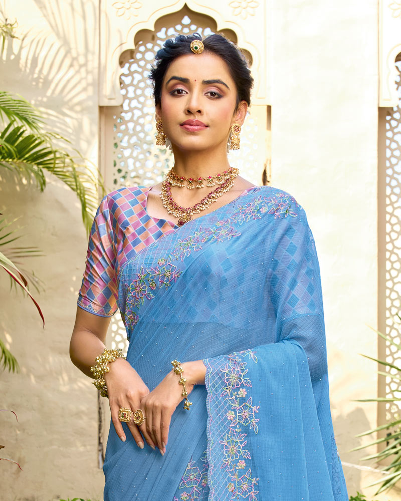 Vishal Prints Glacier Blue Designer Fancy Chiffon Resham-Embroidery-Diamond-Work Saree With Cut Work Border