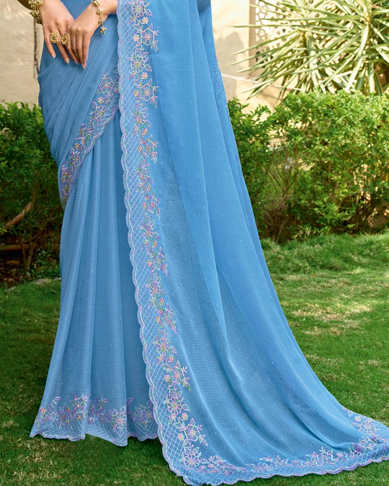 Vishal Prints Glacier Blue Designer Fancy Chiffon Resham-Embroidery-Diamond-Work Saree With Cut Work Border