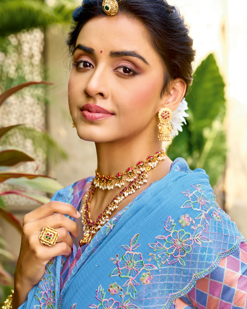 Vishal Prints Glacier Blue Designer Fancy Chiffon Resham-Embroidery-Diamond-Work Saree With Cut Work Border